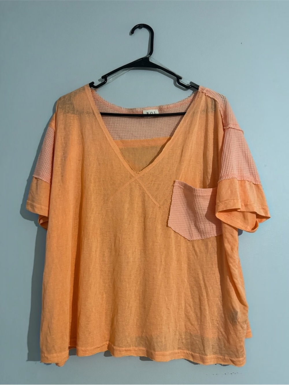 POL Orange V-Neck Short Sleeve Tee with Textured Pocket